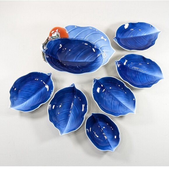 Fukagawa Seiji Japanese porcelain Leaf shaped dishes, Blue Persimmon sauce soy - Picture 3 of 16
